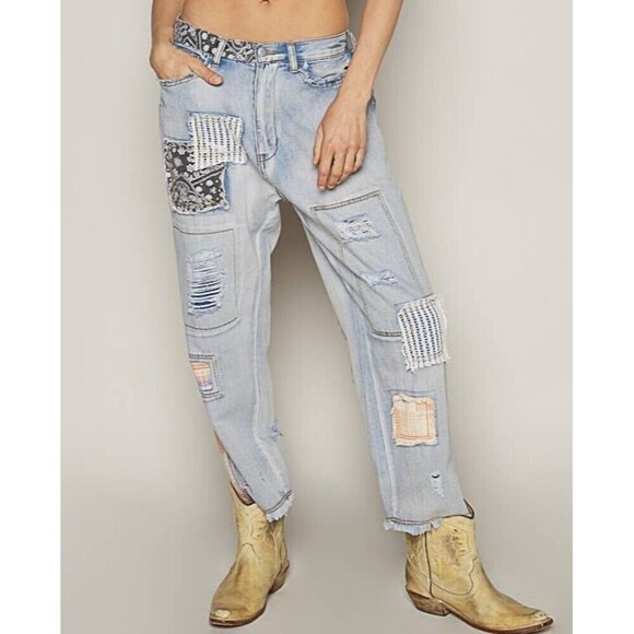 POL Womens Blue Patchwork Detail Distressed Ankle Relaxed Fit Denim Jeans Size S - Picture 2 of 11